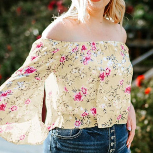 060. Yellow Plus Size Floral Off Shoulder Ruffle Sleeve Top   Size 3X - Picture 5 of 10